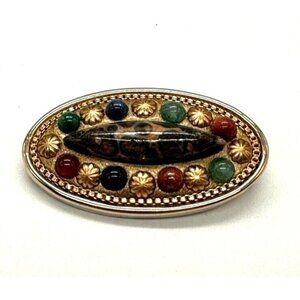 Michal‎ Golan 1.5" Oval Brooch Pin Pendant Gold Tone Goldstone Jasper Aventurine